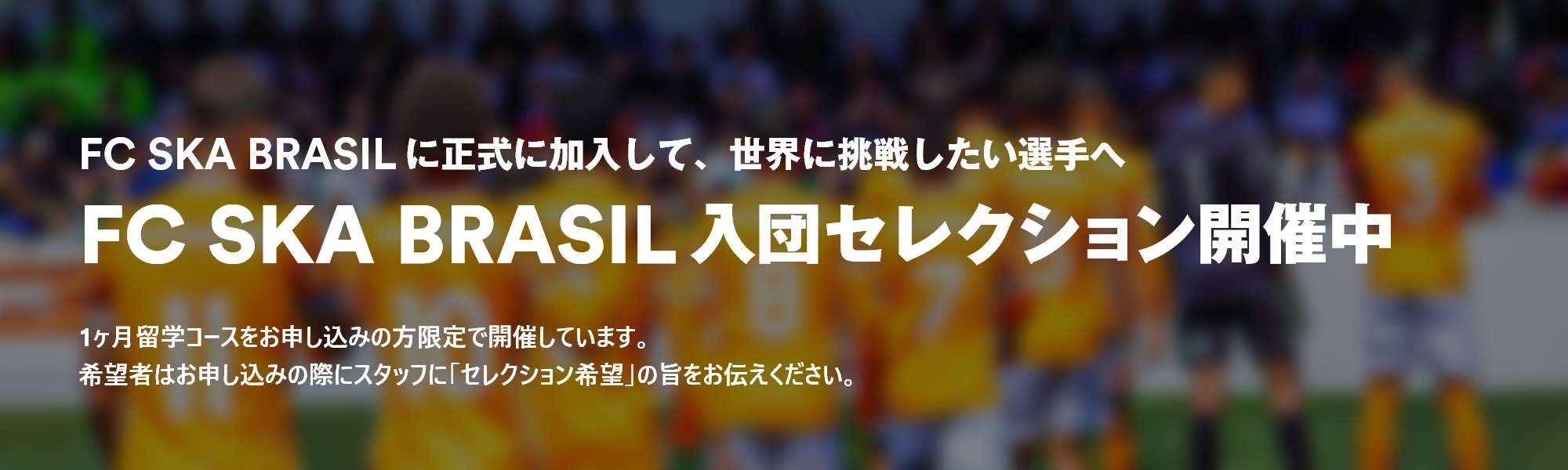 FC SKA BRASILに正式に加入して、世界に挑戦したい選手へ FC SKA BRASIL入団セレクション開催中 1ヶ月留学コースをお申し込みの方限定で開催しています。希望者はお申し込みの際にスタッフに「セレクション希望」の旨をお伝えください。
